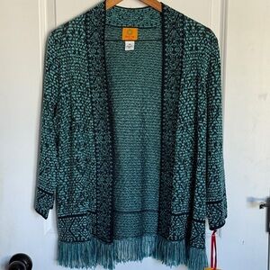 Ruby Rd Sweater Cardigan Geometric Knit Fringe Open Front Teal Size PM